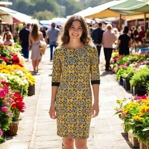 Liz Claiborne Small Yellow/Black Dress 3/4 Sleeve Knee Length Pull Over